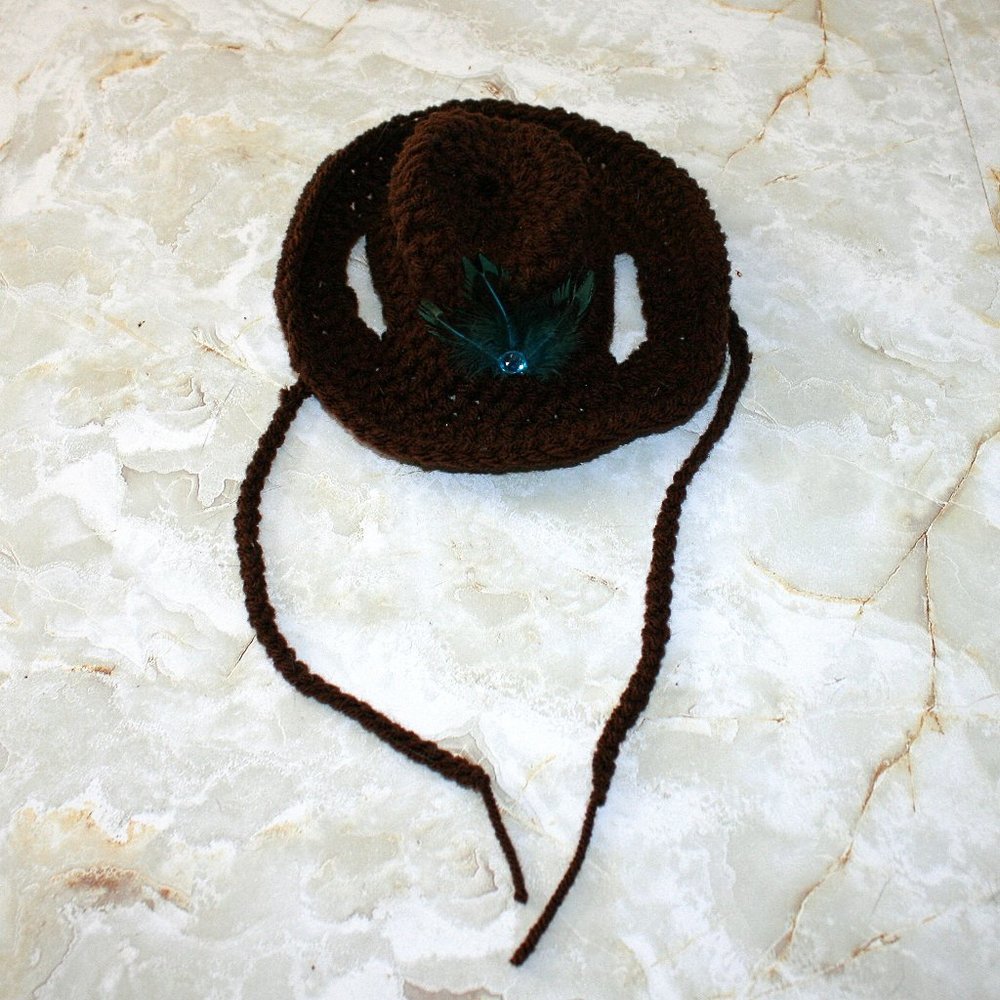 HAND CRAFTED Crochet Cowboy Cat Hat Brown Costume Pet Supply Photo Prop - Picture 6 of 15